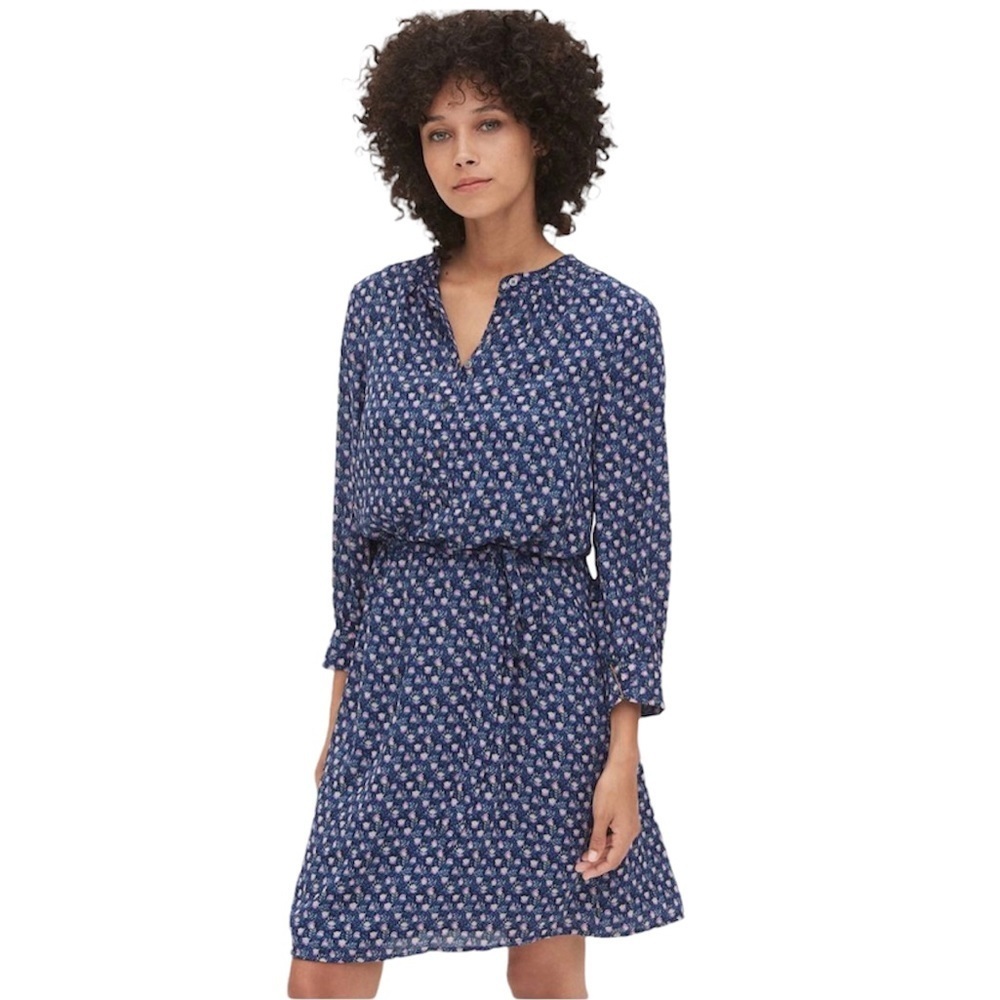 GAP Floral Print Mini Dress Long Sleeve Navy Blue‎ Womens Casual Sz M